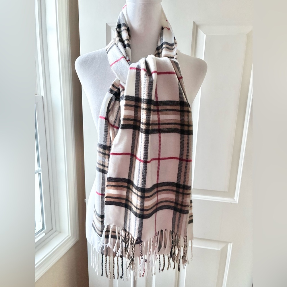 Cashmere Scarf Striped Plaid Pattern End Fringe White/Tan/Black/Red